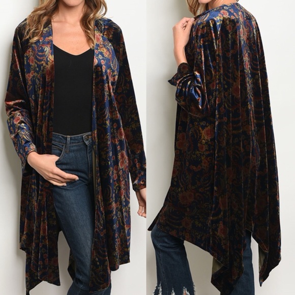A Southern Gypsy Sweaters - Navy Blue Velvet Floral Boho Kimono Cardigan